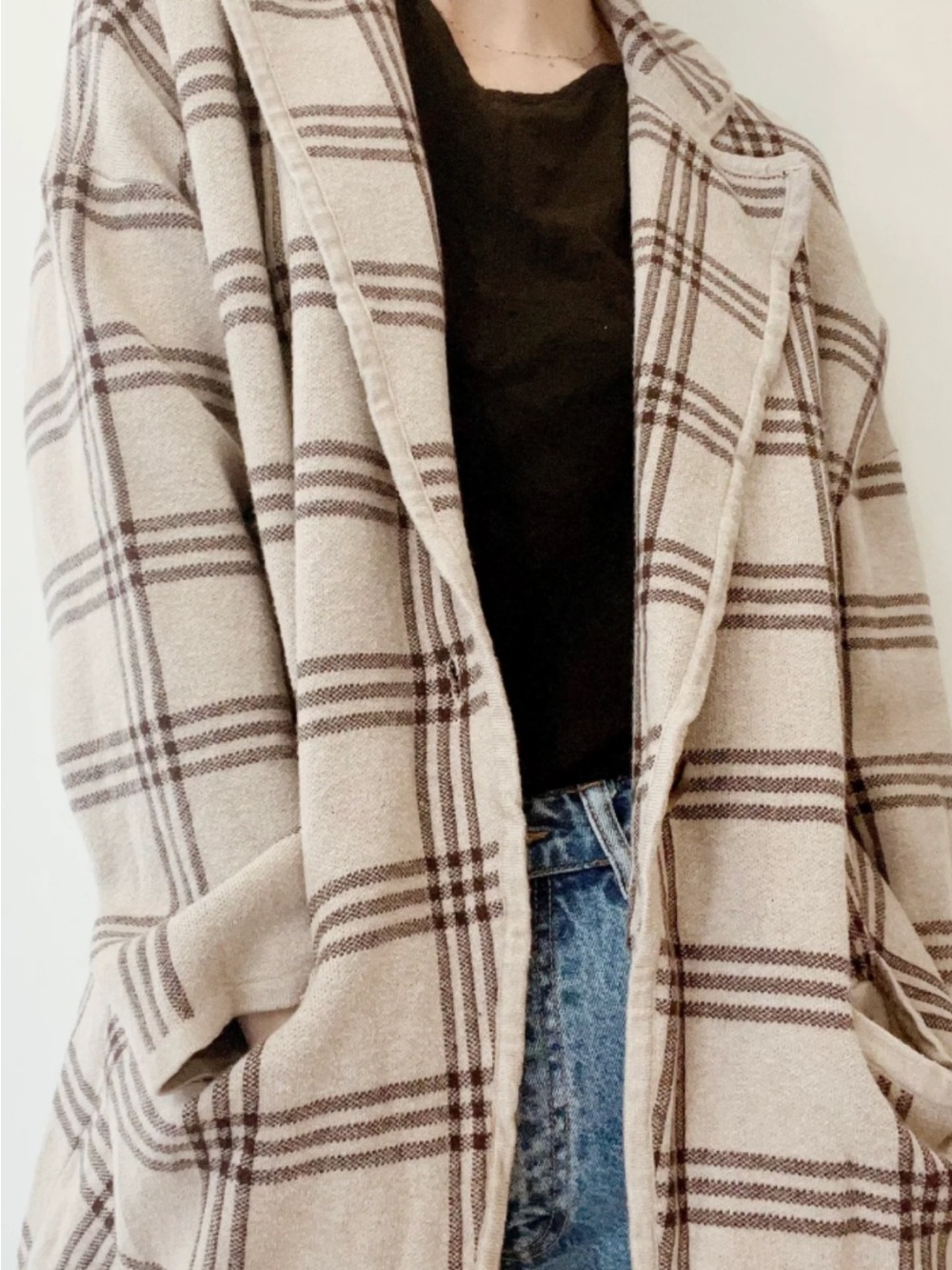 Dreamers Plaid Oversized Open-Front Sweater Jacket Tan/Dark Brown Size  S/M